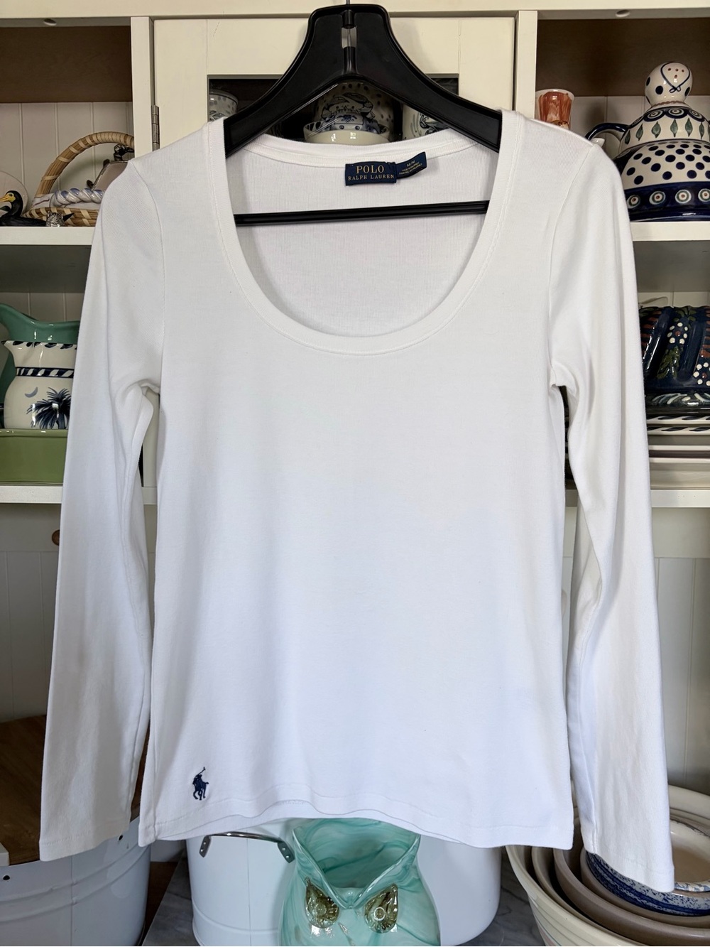 Polo by Ralph Lauren Shirt M White Long-Sleeve Scoop Neck Tee with Navy Logo